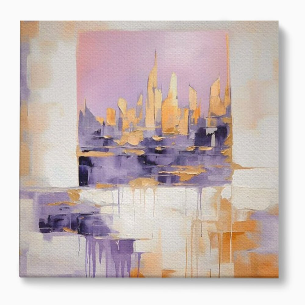 Tablou canvas cu pictura abstracta cu siluete de zgarie-nori, fara rama, pe sasiu de lemn